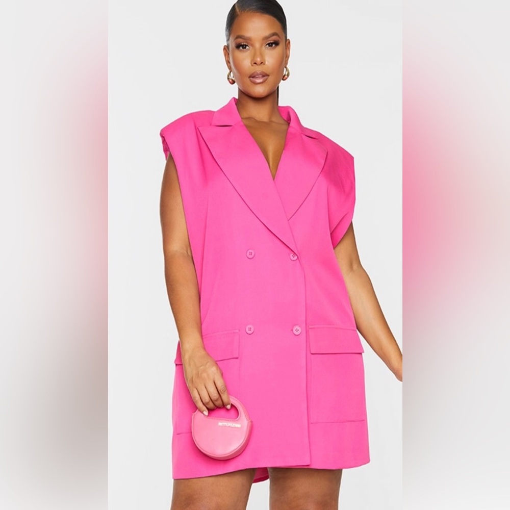 Plus Hot Pink Sleeveless Shoulder Pad Double Breasted Blazer Dress - from PLT